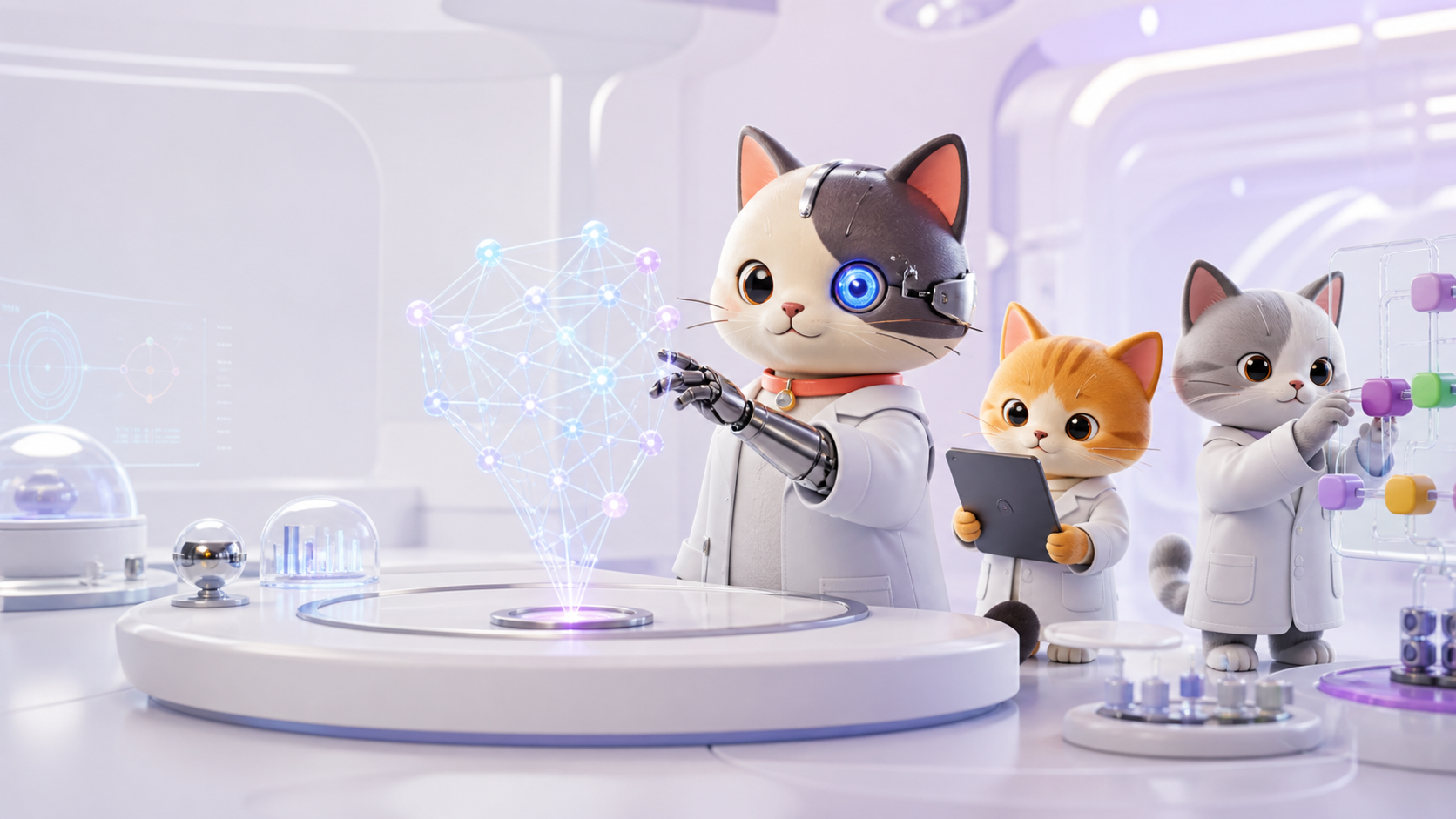 Michi cyborg y gatos científicos experimentando con inteligencia artificial en un laboratorio